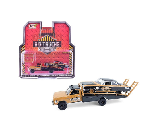 Greenlight Collectibles - 1965 Dodge Coronet and 1985 Dodge Ram D350 Ramp Truck "Hotton Speed ​​Shop" - Series HD Trucks - 1/64 Scale