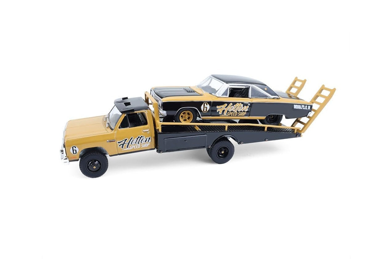 Greenlight Collectibles - 1965 Dodge Coronet and 1985 Dodge Ram D350 Ramp Truck "Hotton Speed ​​Shop" - Series HD Trucks - 1/64 Scale