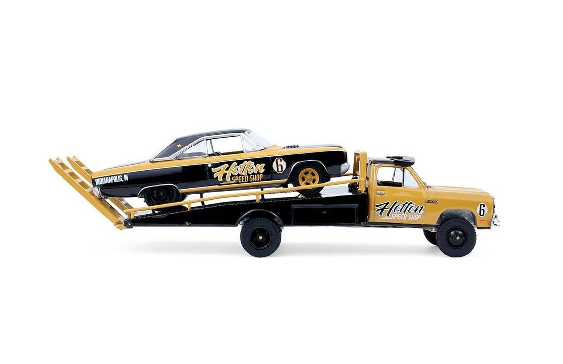 Greenlight Collectibles - 1965 Dodge Coronet and 1985 Dodge Ram D350 Ramp Truck "Hotton Speed ​​Shop" - Series HD Trucks - 1/64 Scale