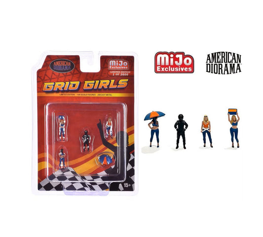 American Diorama - "Grid Girls" 5 piece Diecast Figure Set (4 Figures, 1 Umbrella) Car Not Included - MiJo Exclusives - Scala 1/64 AD-2406MJ