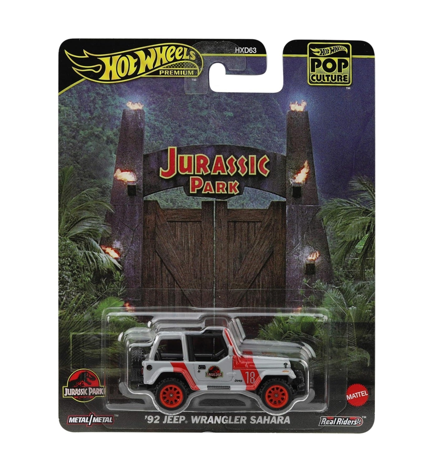 Hot Wheels Premium - '92 Jeep Wrangler Sahara Jurassic Park - Series POP Culture - Scale 1/64 Approximately