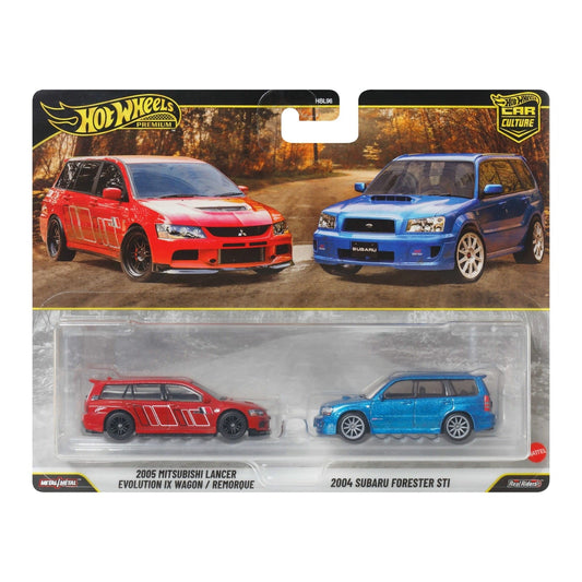 Hot Wheels Premium - 2-Pack 2005 Mitsubishi Lancer Evolution IX Wagon - 2004 Subaru Forester STI - Scala 1/64