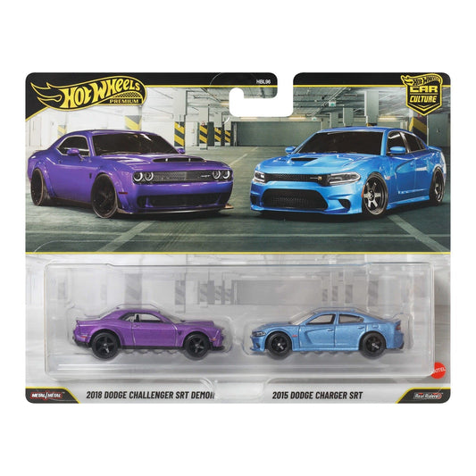 Hot Wheels Premium - 2-Pack 2018 Dodge Challenger SRT Demon - 2015 Dodge Charger SRT - Scala 1/64
