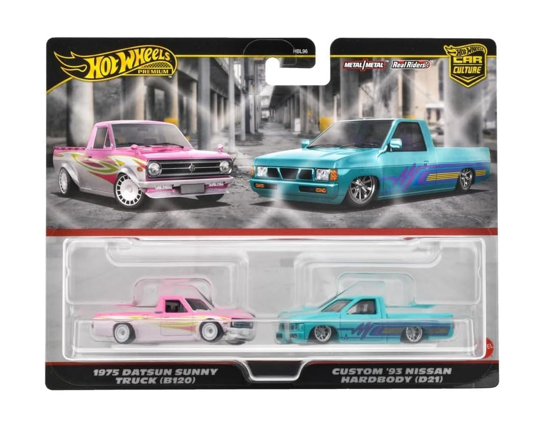 Hot Wheels Premium - 2-Pack 1975 Datsun Sunny Truck (B120) and Custom '93 Nissan Hardbody (D21) - Scala 1/64 HRR78