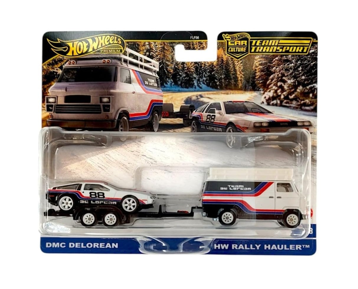 Hot Wheels Premium - DMC DeLorean + Camion de rallye HW - Série Car Culture Team Transport - Échelle 1/64