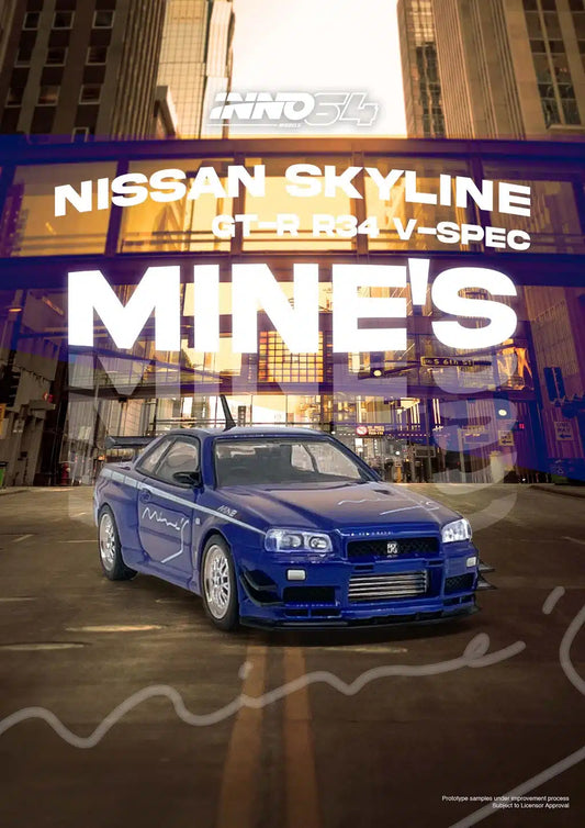 INNO64 - Nissan GT-R (R34) V-Spec N1 Tuned By “MINE’S” Blue - Scala 1/64 IN64-R34VS-MINES-BL