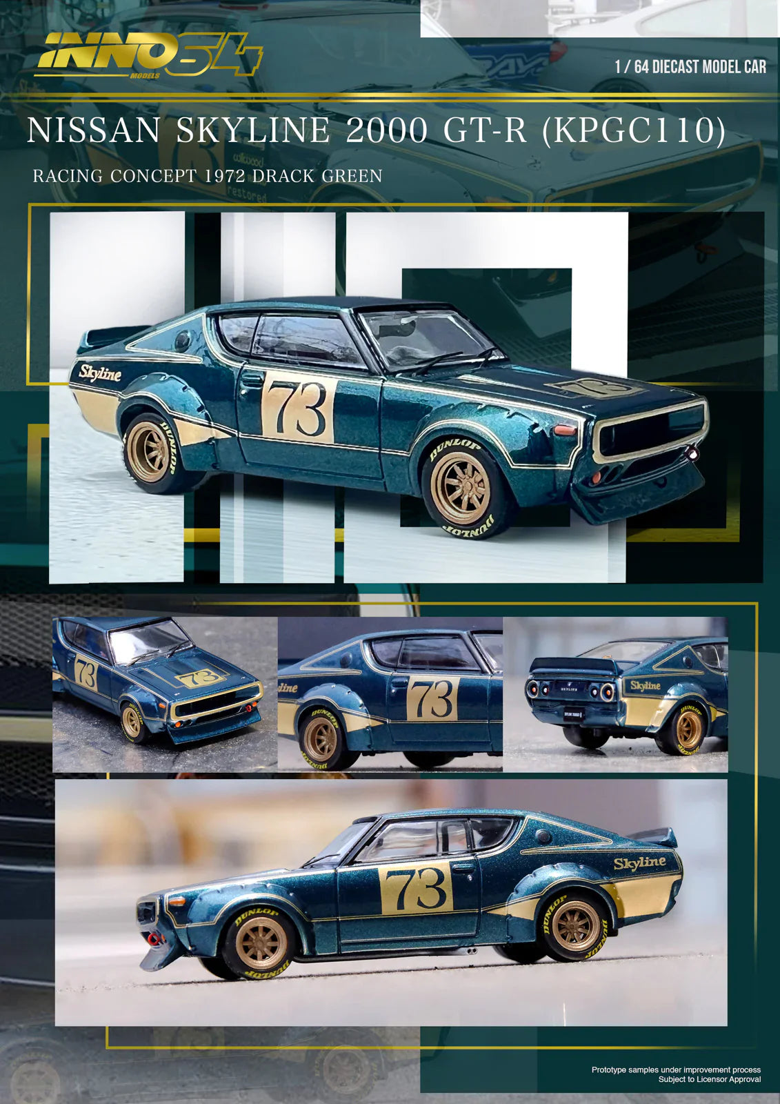INNO64 - Nissan Skyline 2000 GT-R (KPGC110) Racing Concept 1972 Green - Scale 1/64 IN64-KPGC110RC-GRN