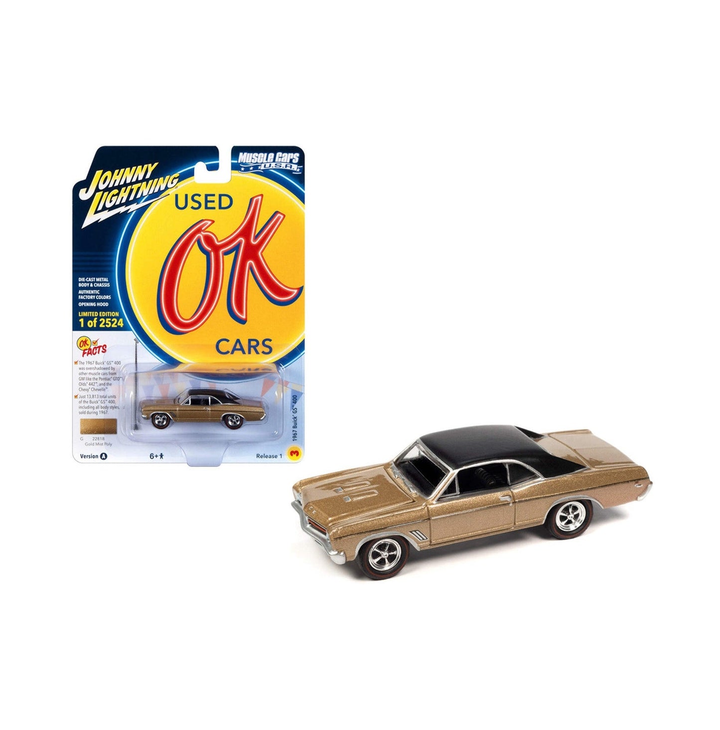 Johnny Lightning - 1967 Buick GS 400 Gold Mist Poly "Used OK Cars" - Scale 1/64