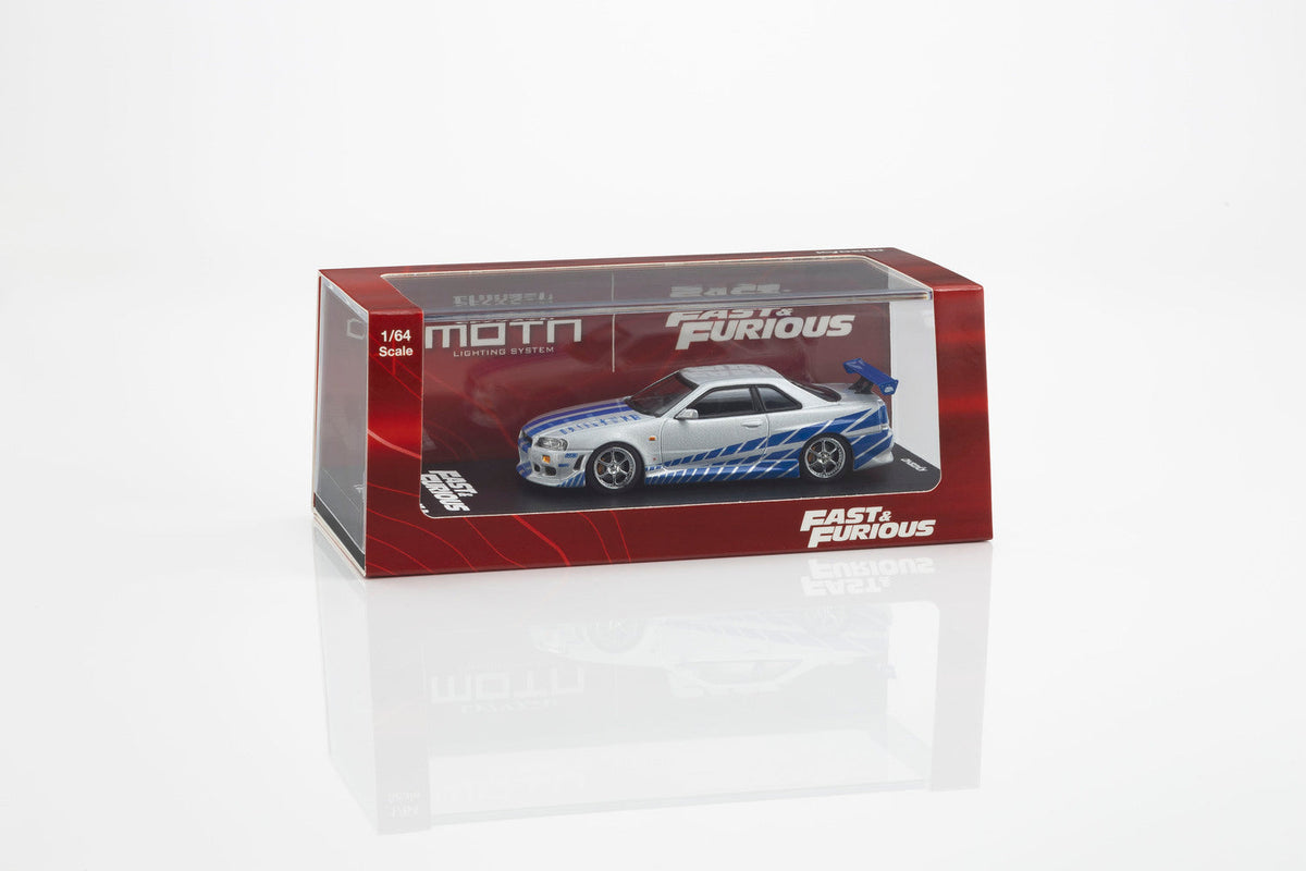 [PRE-ORDER] Kyosho - Nissan Skyline R34 GT-R ( R34 ) Fast & Furious Brian O'Conner with Led MOTN Base Compatible - Scale 1-64 07134LFFA