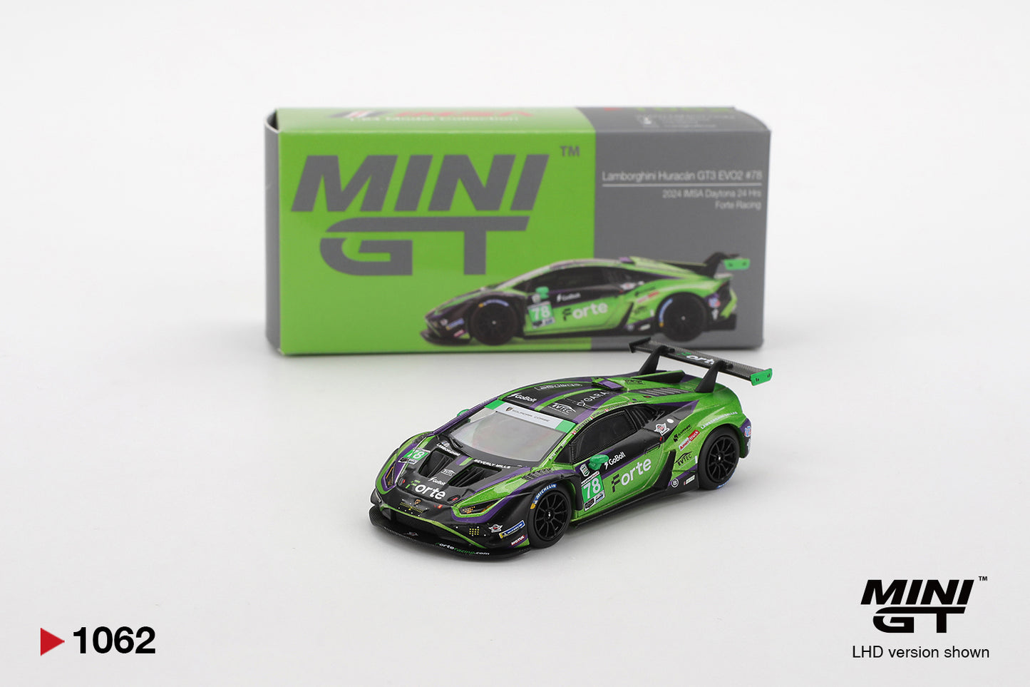 Mini GT - Lamborghini Huracán GT3 Evo2 n° 78 Forte Racing 2024 IMSA Daytona 24 Heures - Échelle 1/64 MGT01062-L
