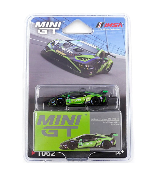 Mini GT - Lamborghini Huracán GT3 Evo2 #78 Forte Racing 2024 IMSA Daytona 24 HRS - Scale 1/64 MGT01062-BL Blister Packaging
