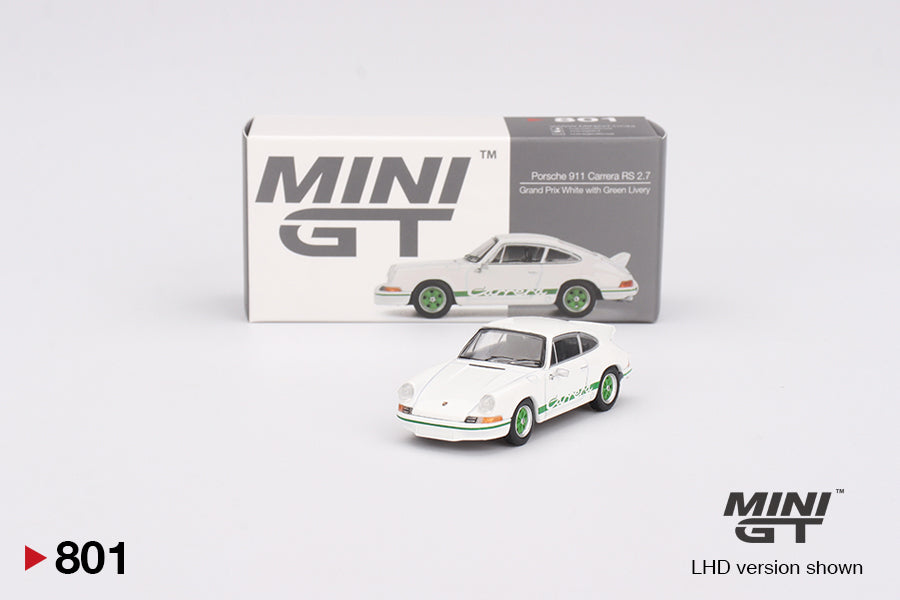 MINI GT Porsche 911 Carrera RS 2.7 Grand Prix White with Green Livery - Mini GT - Scala 1/64 MGT00801-R RHD