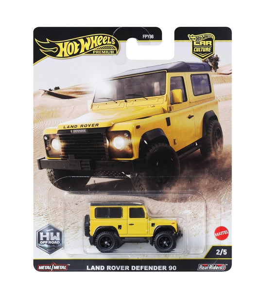 Hot Wheels Premium - Land Rover Defender 90 Yellow - Series Car Culture Off Road - Scale 1/64