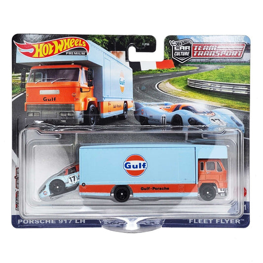Hot Wheels Premium - Porsche 917 LH &amp; Fleet Flyer Gulf - Series Car Culture Team Transport - Scale 1/64