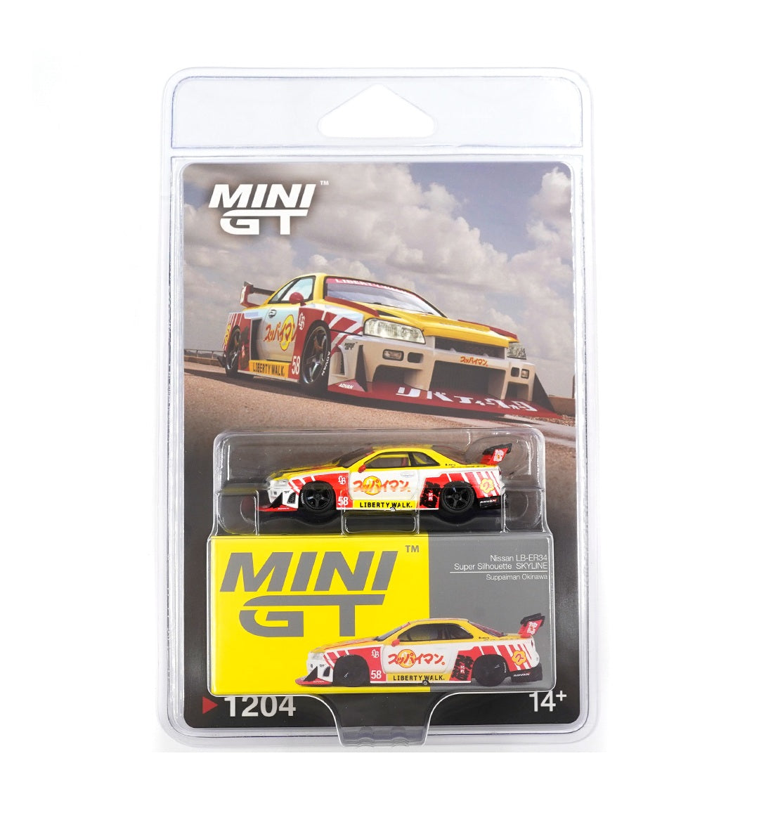Mini GT - Nissan LB-ER34 Super Silhouette SKYLINE Suppaiman Okinawa - Scala 1/64 MGT01204-BL Blister Packaging