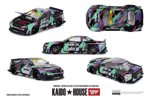 [PRE-ORDER] - Mini GT - Nissan Skyline GT-R (R34) Kaido Works (V2 Aero) HKS 1999 - Kaido House - Scala 1/64 KHMG280
