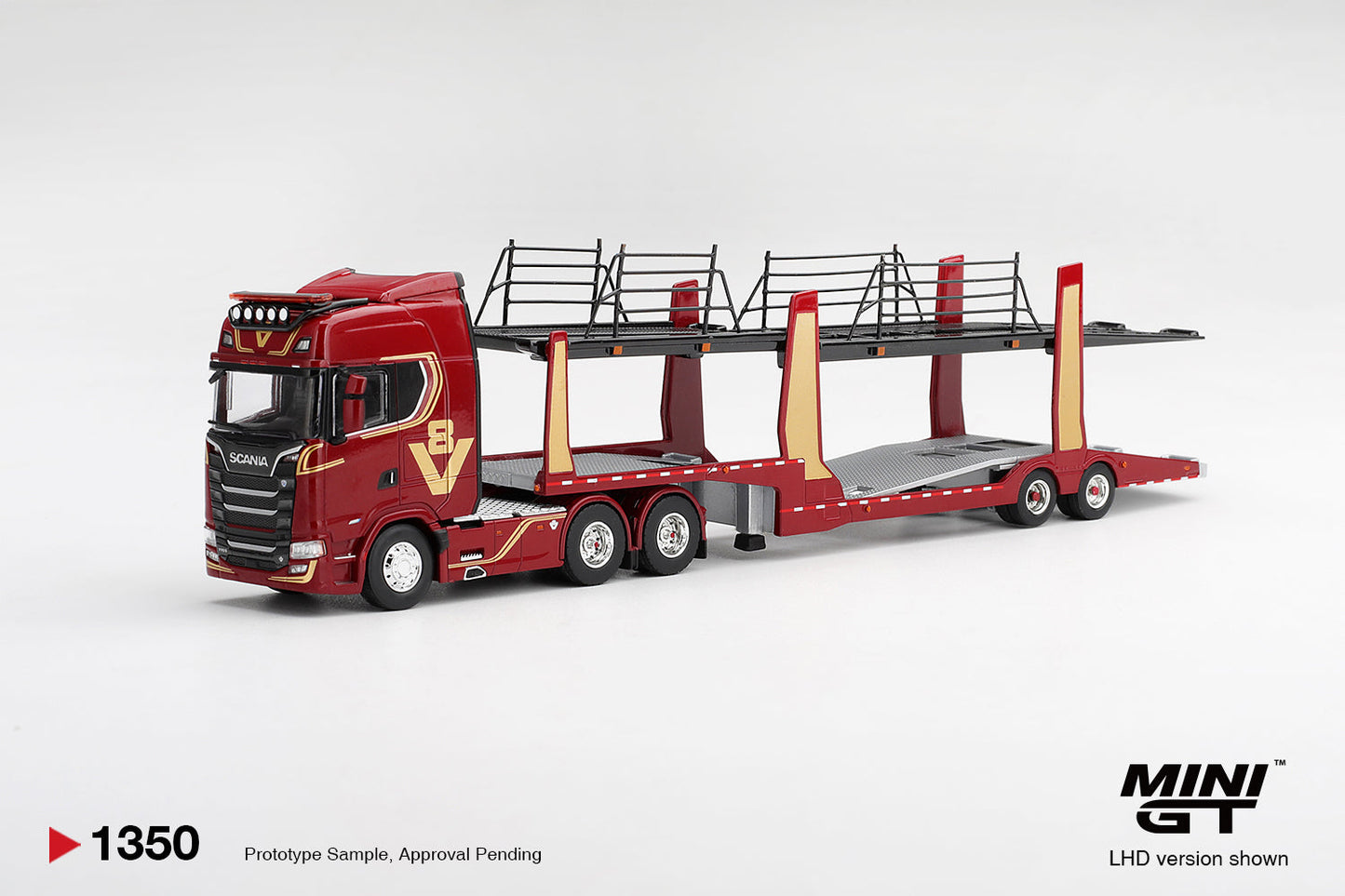 [PRE-ORDER] Mini GT - Scania 770S A6x4NA Car Transporter V8 50th anniversary + Car transporter Red - Scala 1/64 MGT01350-L