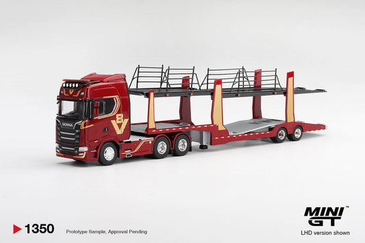 [PRE-ORDER] Mini GT - Scania 770S A6x4NA Car Transporter V8 50th anniversary + Car transporter Red - Scala 1/64 MGT01350-L