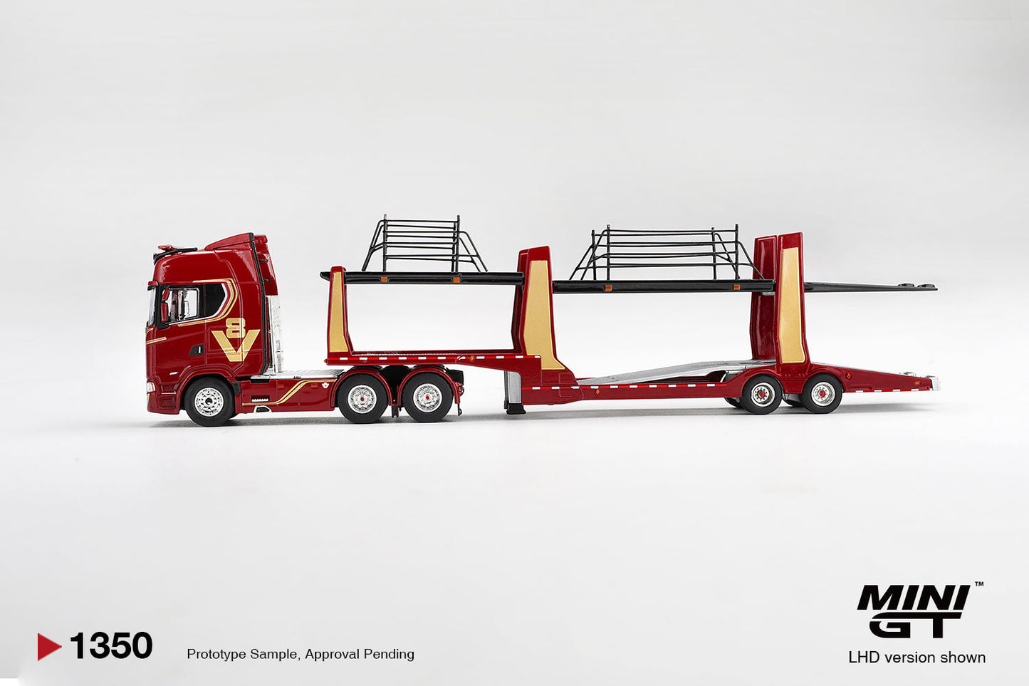 [PRE-ORDER] Mini GT - Scania 770S A6x4NA Car Transporter V8 50th anniversary + Car transporter Red - Scala 1/64 MGT01350-L