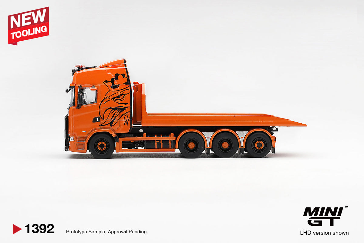 [PRE-ORDER] Mini GT - Scania 770S B8X4NA Hooklift Flatbed Orange 2025 - 1/64 Scale MGT01392-L