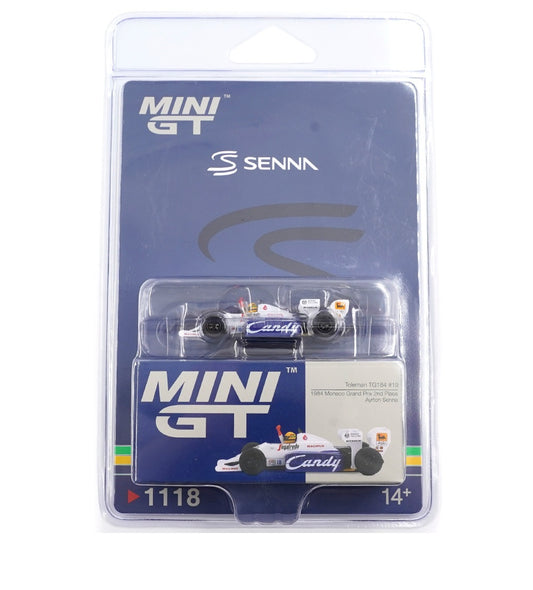 Mini GT - Toleman TG184 #19 Ayrton Senna 1984 Monaco Grand Prix 2nd Place - Scala 1/64 MGT01118-BL Blister Packaging