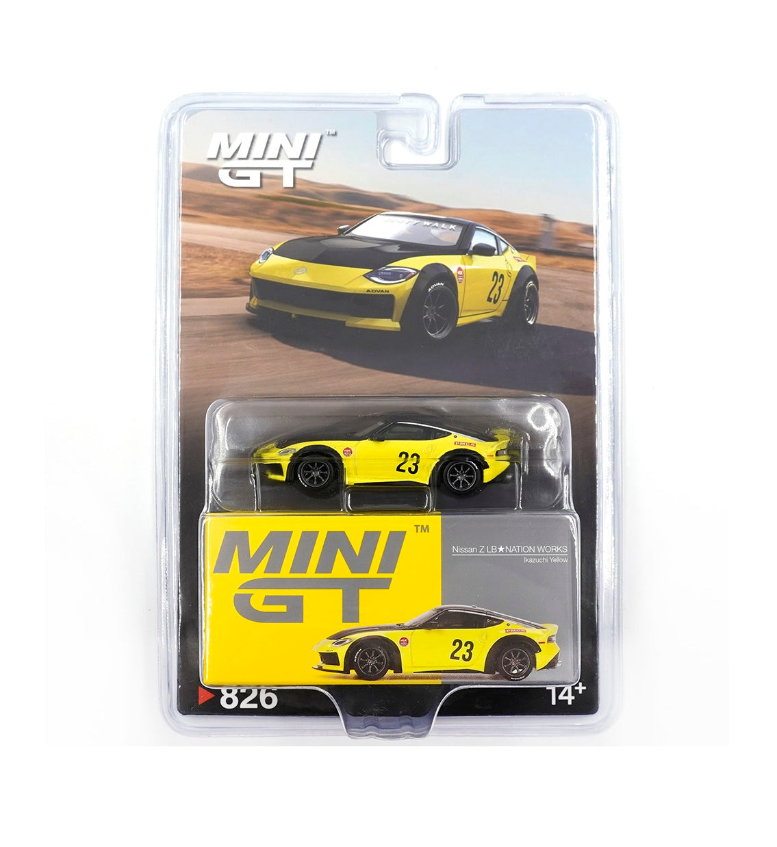 Mini Gt - Nissan Z LB★NATION WORKS Ikazuchi Yellow - Scale 1/64 MGT00826-BL Blister Packaging