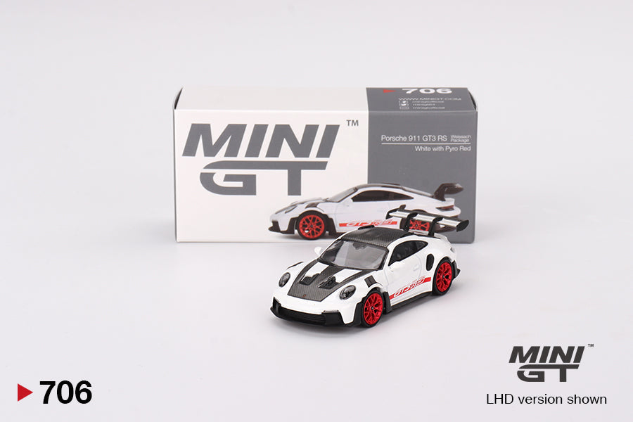 Mini GT - Porsche 911 (992) GT3 RS Weissach Package White with Pyro Red - Scale 1/64 MGT00706-L