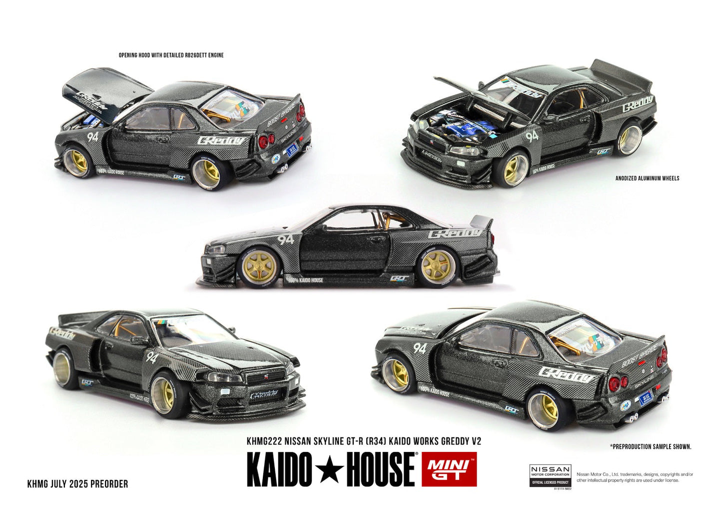 [PRE-ORDER] Mini GT Kaido House - Nissan Skyline GT-R (R34) Kaido Works GReddy V2 1999 - Scale 1/64 KHMG222