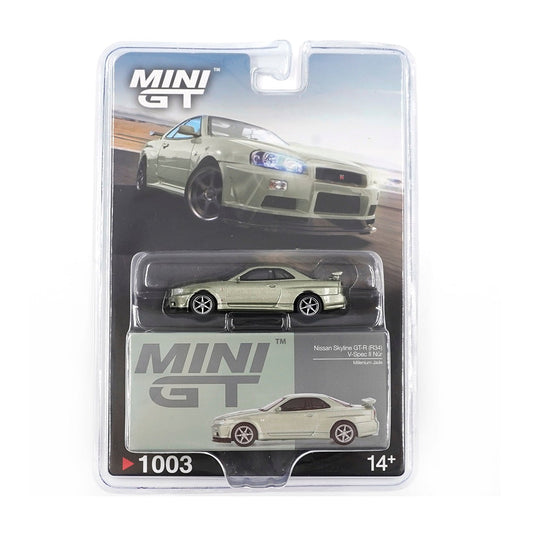 Mini GT - Nissan Skyline GT-R (R34) V-Spec II Nür Millenium Jade 2002 - Scale 1/64 MGT01003-BL Blister Packaging