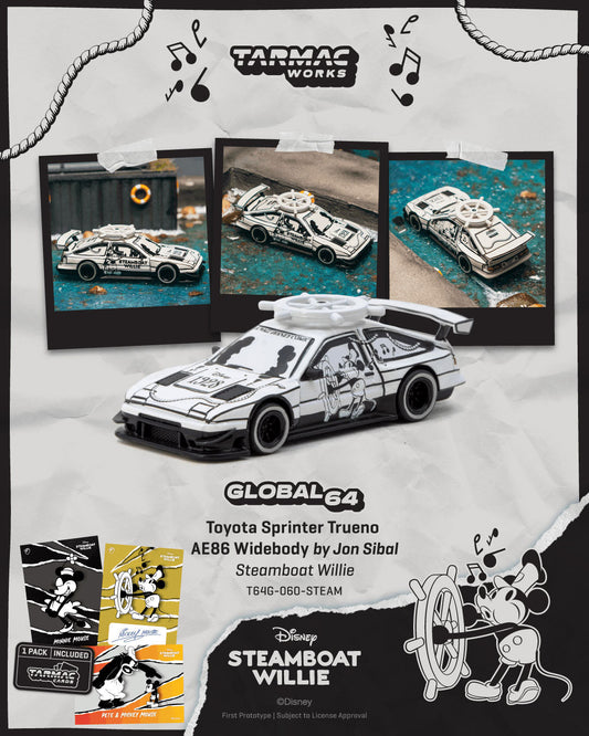 [PRE-ORDER] Tarmac Works - Toyota Sprinter Trueno AE86 Widebody by Jon Sibal Mickey & Friends Steamboat Willie - GLOBAL64 - Scala 1/64 T64G-060-STEAM