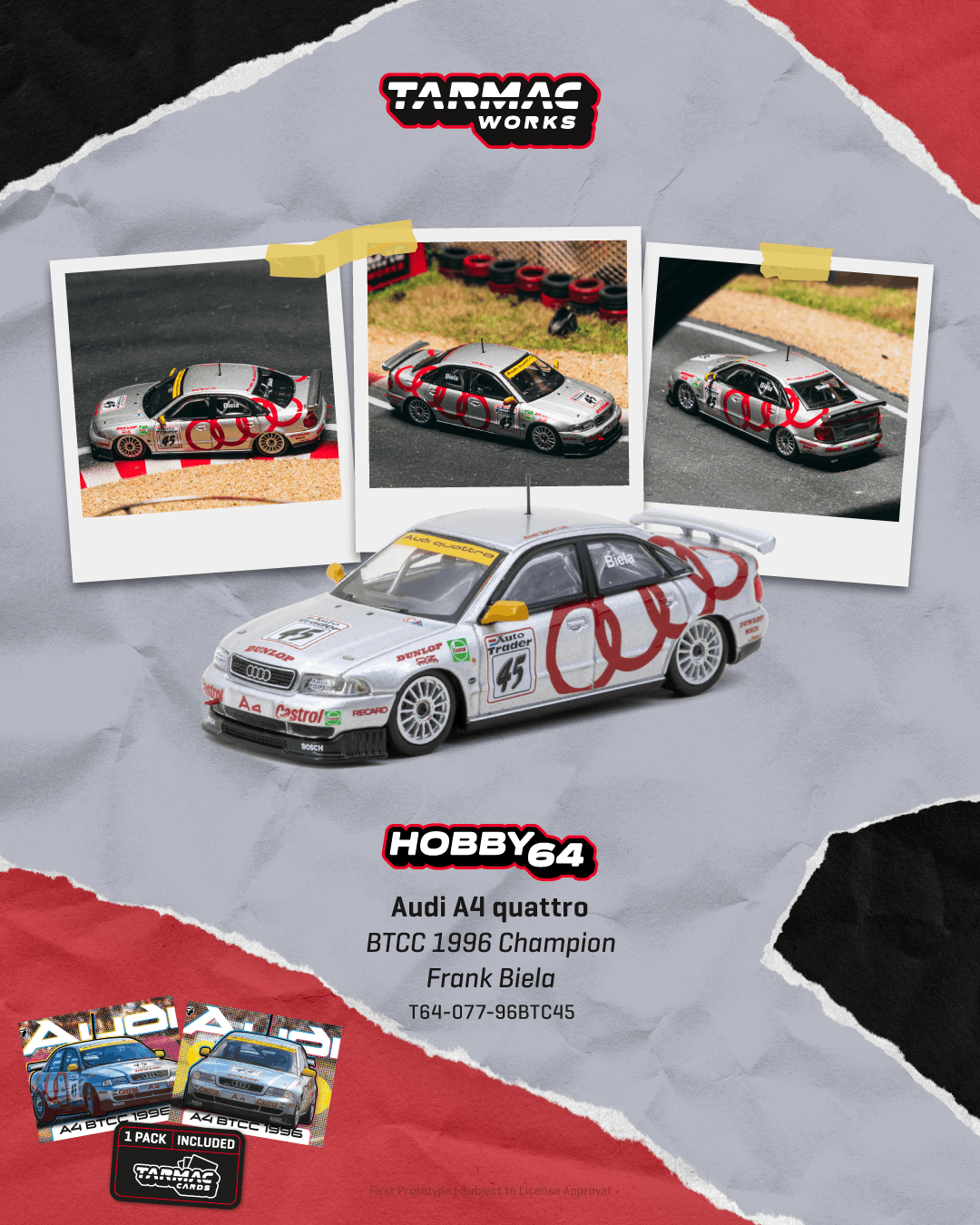 [PRE-ORDER] <span translate="no">Tarmac Works</span> - AUDI A4 QUATTRO Frank Biela BTCC Champion 1996 with Trading Cards Combo Set - HOBBY64 - 1/64 Scale T64-077-96BTC45