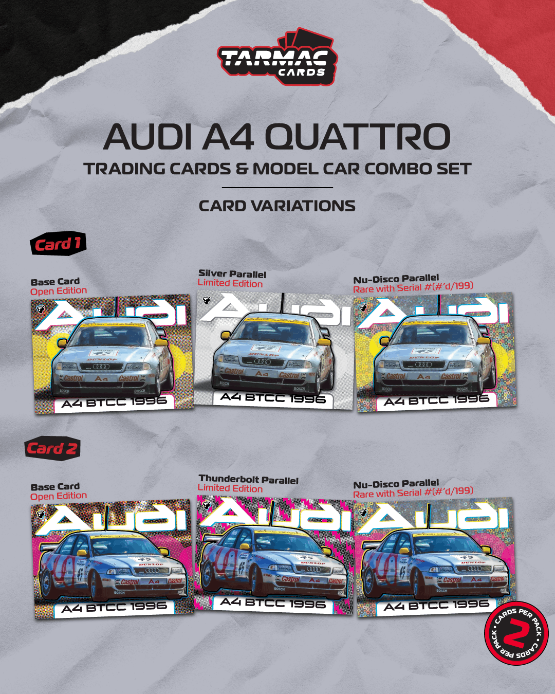[PRE-ORDER] <span translate="no">Tarmac Works</span> - AUDI A4 QUATTRO Frank Biela BTCC Champion 1996 with Trading Cards Combo Set - HOBBY64 - 1/64 Scale T64-077-96BTC45