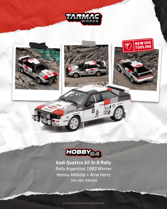 [PRE-ORDER] Tarmac Works - Audi Quattro A2 Gr.B Rally #2 HANNU MIKKOLA Rally Argentina 1983 Winner - HOBBY64 - Scala 1/64 T64-065-83RA02
