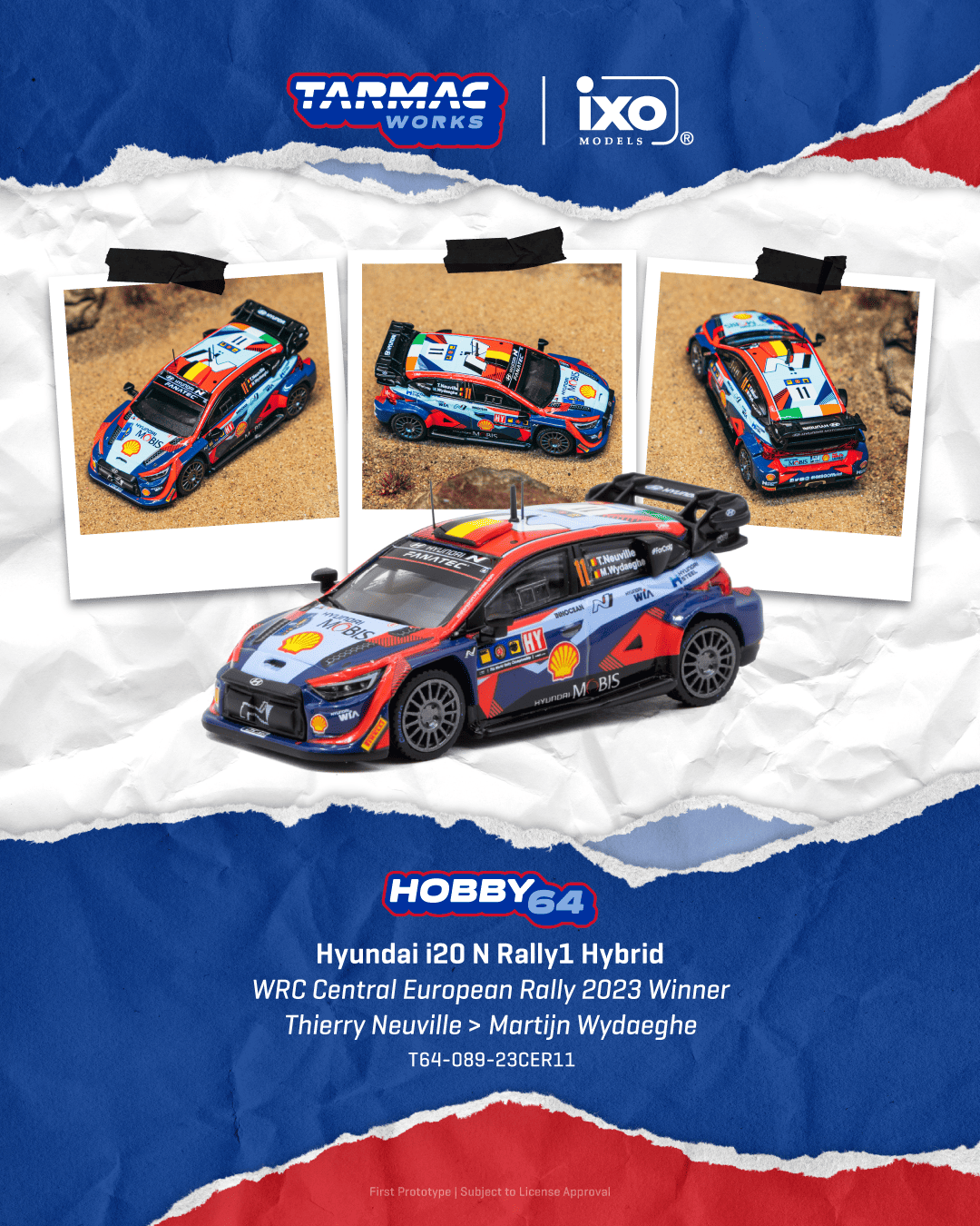 [PRE-ORDER] Tarmac Works - Hyundai i20 N Rally1 Hybrid #42 #11 THIERRY NEUVILLE WRC Central European Rally 2023 - HOBBY64 - 1/64 Scale T64-089-23CER11
