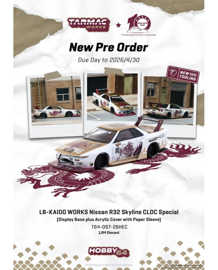 [PRE-ORDER] Tarmac Works - LB-KAIDO WORKS Nissan R32 Skyline CLDC Special - HOBBY64 - 1/64 Scale T64-097-26HEC