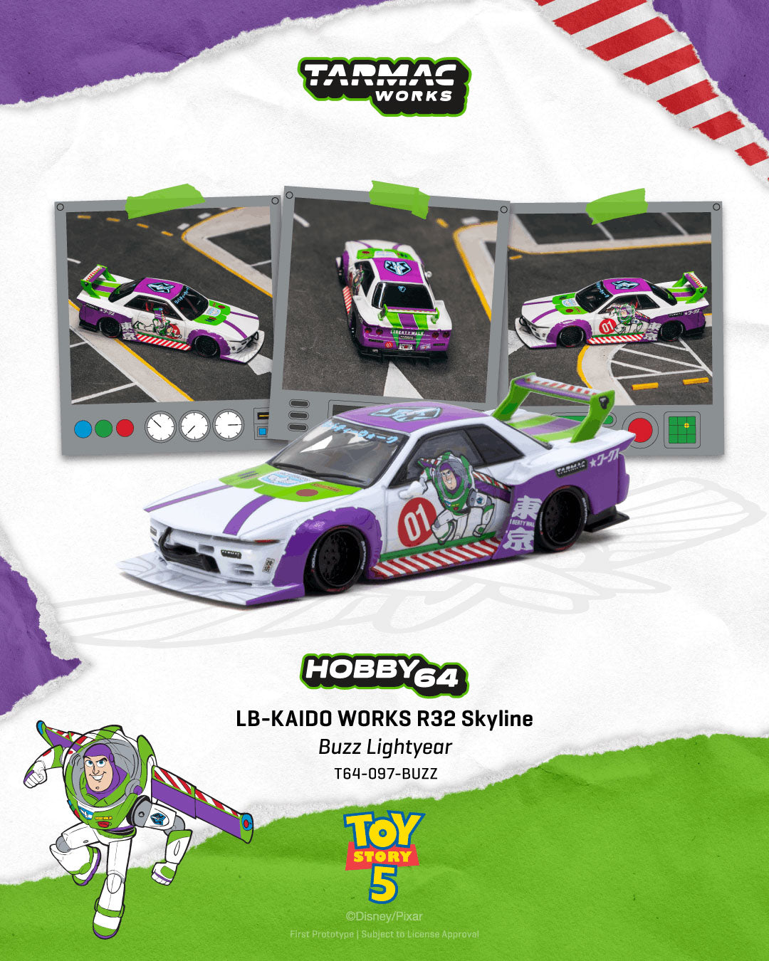 [PRE-ORDER] Tarmac Works - LB- KAIDO WORKS R32 Nissan Skyline Buzz Lightyear - HOBBY64 - 1/64 Scale T64-097-BUZZ