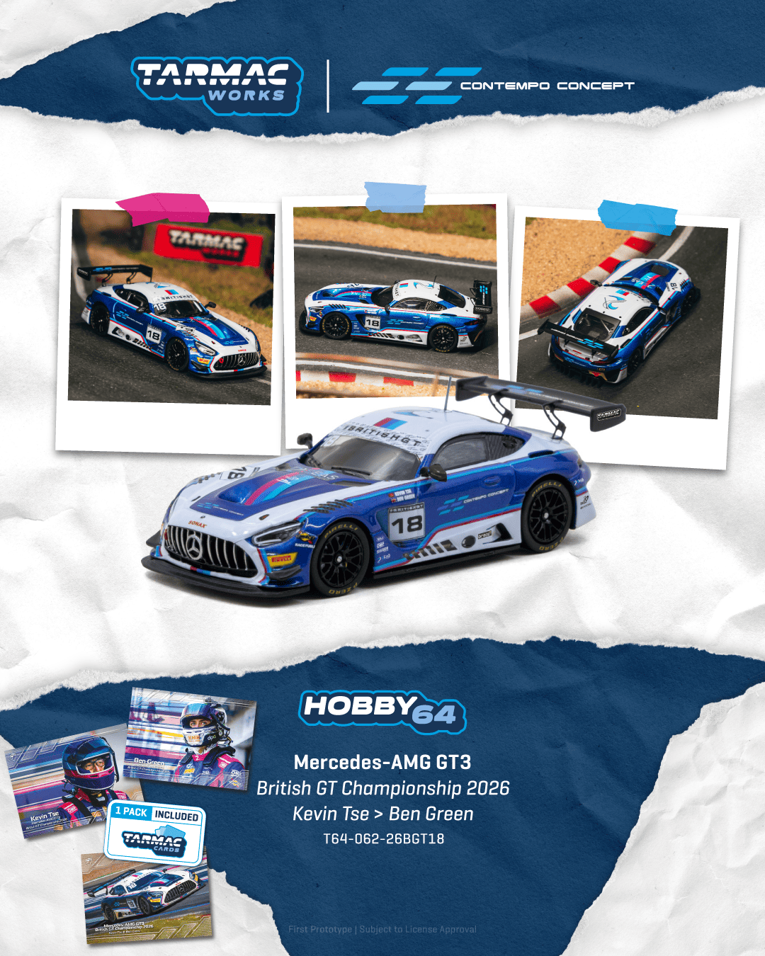 [PRE-ORDER] Tarmac Works - Mercedes - AMG GT3 #18 KEVIN TSE British GT Championship 2026 with trading cards - HOBBY64 - 1/64 Scale T64-062-26BGT18
