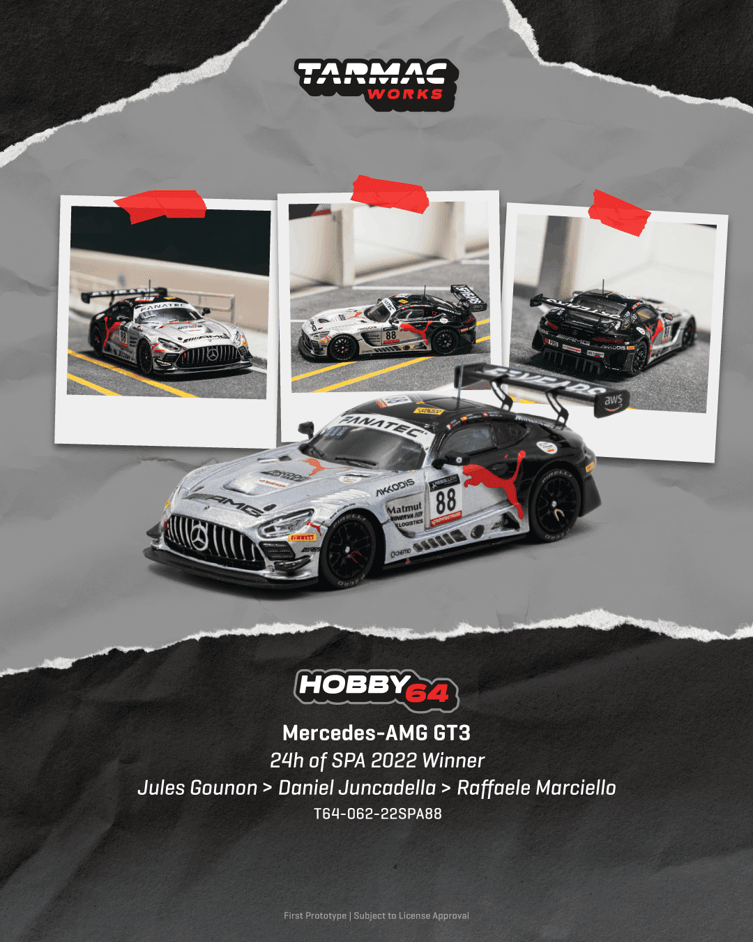 [PRE-ORDER] Tarmac Works - Mercedes-AMG GT3 #88 2022 24H of SPA Winner Jules Gounon - HOBBY64 - Scala 1/64 T64-062-22SPA88