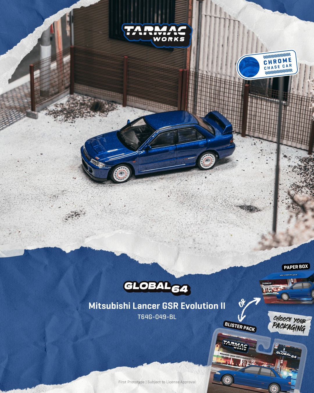 Tarmac Works - Mitsubishi Lancer GSR Evolution II Blue 1994 - GLOBAL64 - 1/64 Scale T64G-049-BL