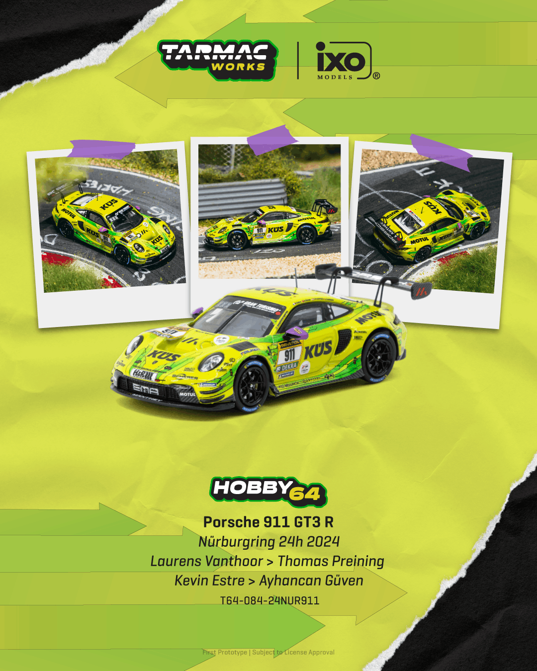 [PRE-ORDER] Tarmac Works - Porsche 911 (992) GT3 R #911 Laurens Vanthoor Nurburgring 24H 2024 - HOBBY64 - Scala 1/64 T64-084-24NUR911