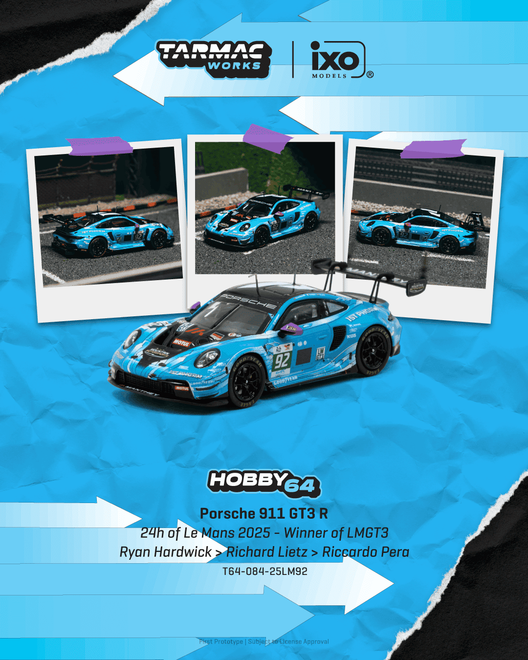 [PRE-ORDER] Tarmac Works - Porsche 911 GT3 R #92 Ryan Hardwick 24h of Le Mans 2025 Winner of LMGT3 - HOBBY64 - 1/64 Scale T64-084-25LM92