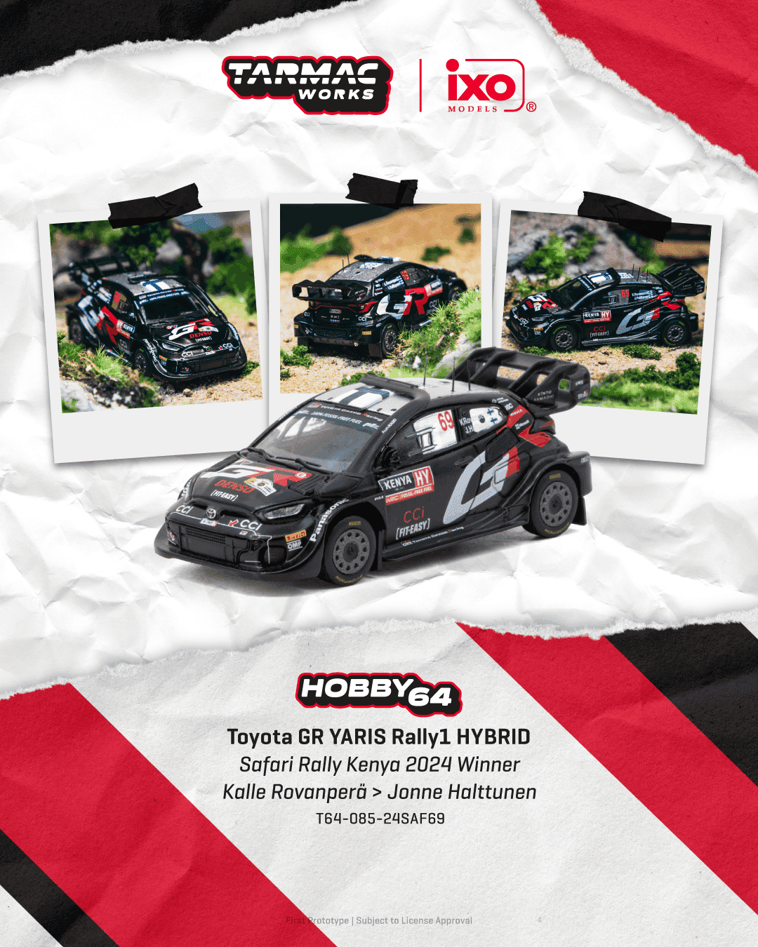 [PRÉCOMMANDE] Tarmac Works - Toyota Yaris GR Rally1 Hybrid n° 69, vainqueur du Safari Rally Kenya 2024 - HOBBY64 - Échelle 1/64 T64-085-24SAF69