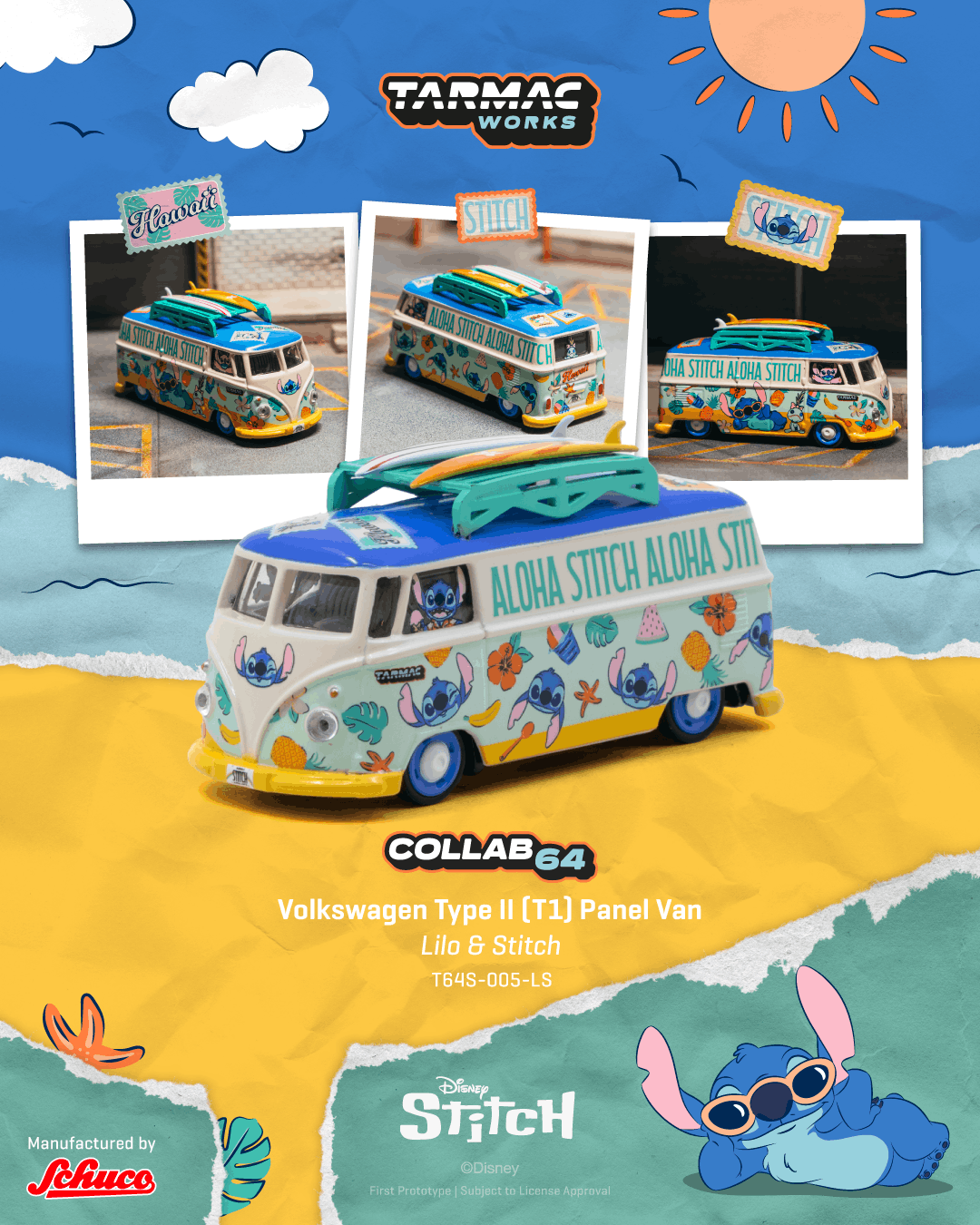 [PRE-ORDER] Tarmac Works - Volkswagen Transporter T1 Panel Van LILO & STITCH 2025 - COLLAB64 - 1/64 Scale T64S-005-LS