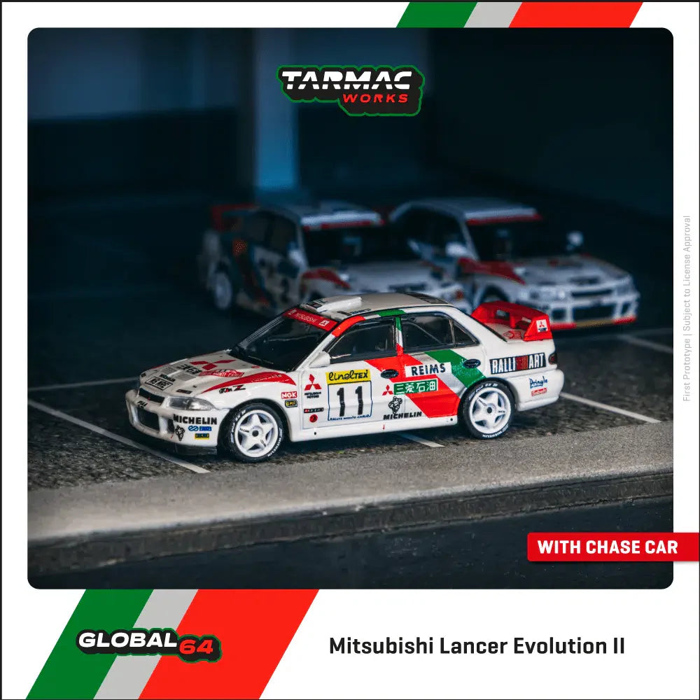 Tarmac Works - Mitsubishi Lancer Evolution II Rallye Monte-Carlo 1995 T. Mäkinen / S. Harjanne - GLOBAL64 - Scale 1/64 T64G-049-95MCR11