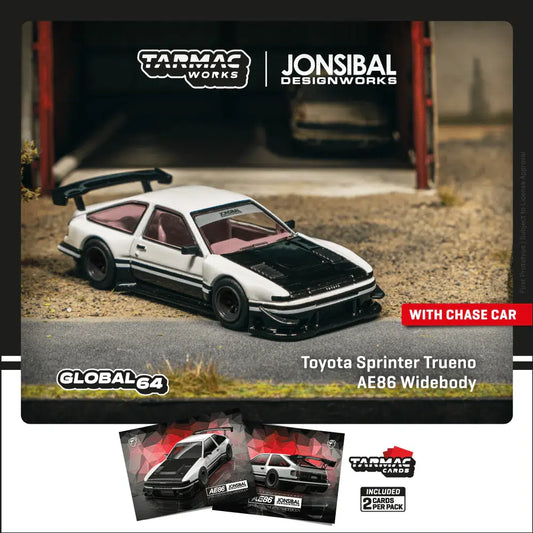 Tarmac Works - Toyota Sprinter Trueno AE86 Widebody by Jon Sibal White / Black "Global64" Series - Scale 1/64 T64G-060-WB