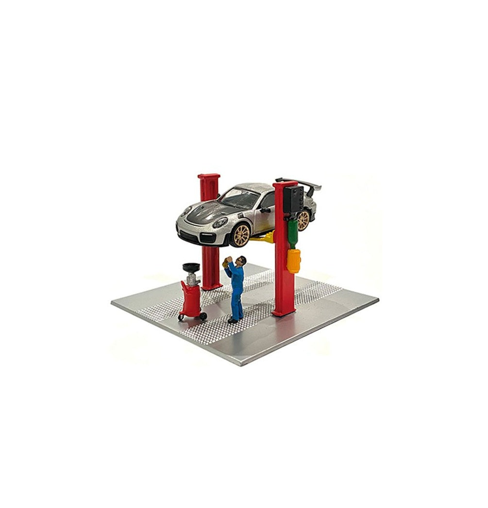 American Diorama - Two Post Lift (Red) with Mechanic Figurine and Oil Drainer Diorama Set MiJo Exclusives (Car not Included) - Scala 1/64 AD-38375MJ