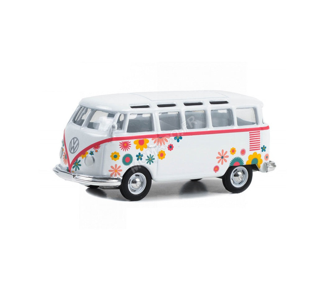 Greenlight - 1964 Volkswagen Type 2 (T1) Samba Bus White with Graphics Flower Power - Club V-Dub - Scale 1/64